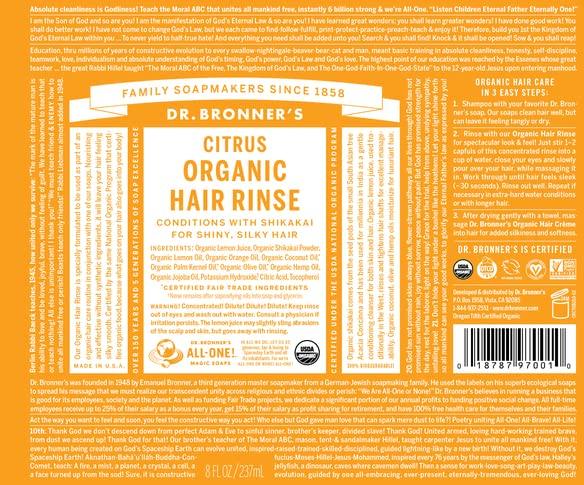 Dr. Bronner's Fair Trade & Organic Hair Conditioning Rinse - Citrus Orange, 8 Ounce - SHOP NO2CO2