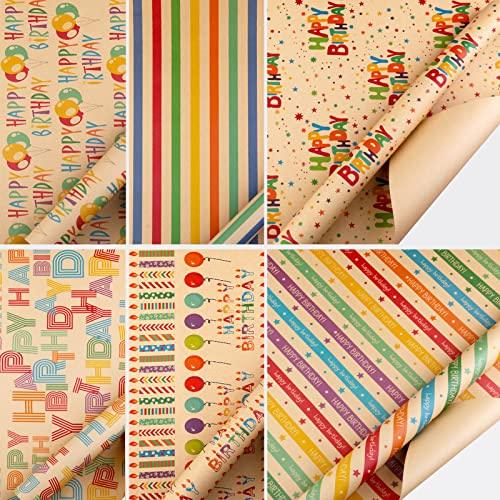 Jatidne Birthday Wrapping Paper Sheets with Tags for Kids Retro Kraft Recyclable Gift Wrap 6 Sheets - SHOP NO2CO2