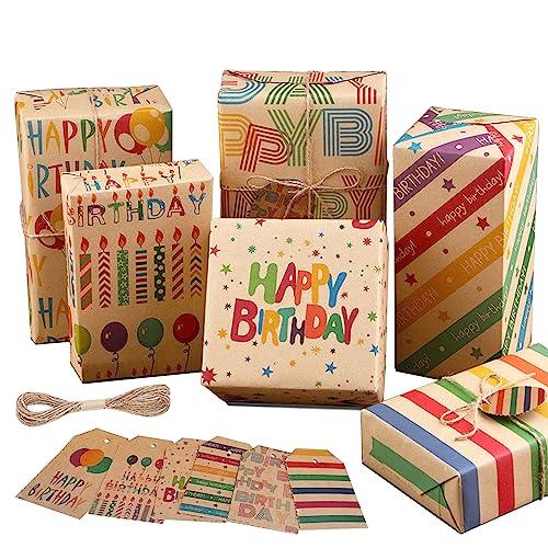 Jatidne Birthday Wrapping Paper Sheets with Tags for Kids Retro Kraft Recyclable Gift Wrap 6 Sheets - SHOP NO2CO2