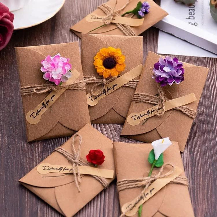 10Pcs 4.3x6.9 Inchs Handmade Vintage Kraft Blank Note Card Thank Notes, Greeting Card, Paper Flowers Greeting Cards, Handmade Invitation Card, Birthday Party Invitation Card With Envelopes - SHOP NO2CO2