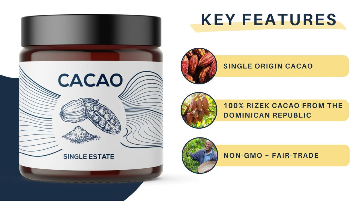 One Farm by WAAYB Organic Cacao, Single Estate, Non-GMO, Fair-Trade, Vegan, Gluten Free, 100% Raw Rizek Cacao in Resealable Bag for Cooking, Smoothies, Lattes & Baking (2.6 oz Jar, Powder) - SHOP NO2CO2