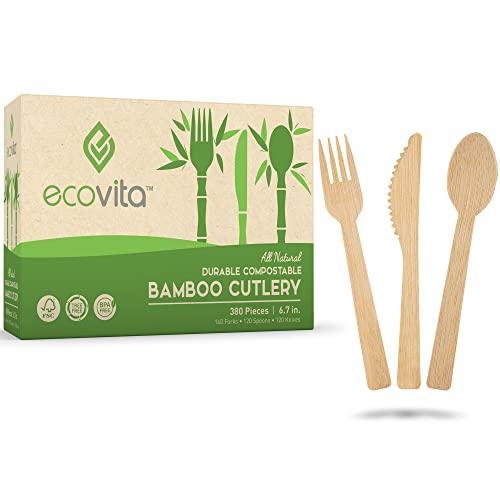 100% Bamboo Forks Spoons Knives Cutlery Combo Set - 380 Large Compostable Disposable Utensils (7 in.) Eco Friendly Durable and Tree Free Alternative to Wooden Silverware with Convenient Tray - SHOP NO2CO2