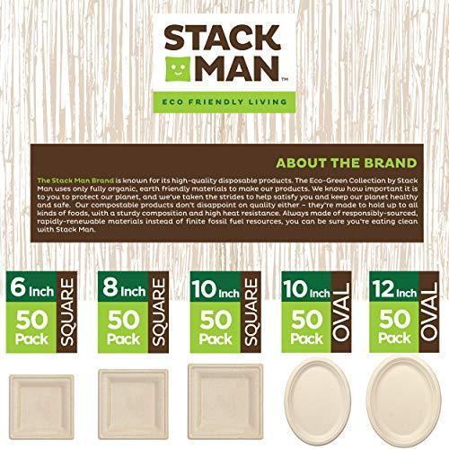 100% Compostable Square Paper Plates [50-Pack] - {PFAS-Free} - {BPI Certified} - [6 Inch] Heavy Duty, Eco-Friendly, Biodegradable Bagasse Dinner Plates - Natural Brown 6" Plate by Stack Man - SHOP NO2CO2