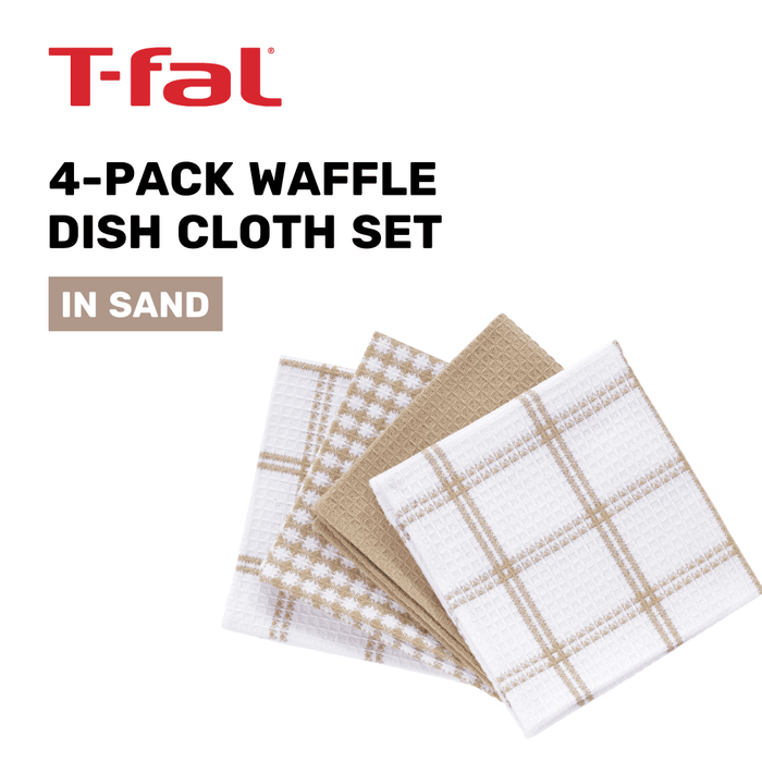 100% Cotton Flat Waffle Dish Cloths for Washing Dishes, 12"x13", 4-Pack, Sand T-fal Textiles - SHOP NO2CO2