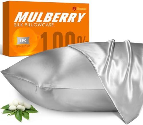 100% Mulberry Silk Pillowcase for Hair and Skin, 22 Momme Natural Silk Pillow Case with Zipper, Both Sided Pure Silk Pillow Cover Gifts for Women Mom Men(Silver Grey, Standard 20''×26'') - SHOP NO2CO2