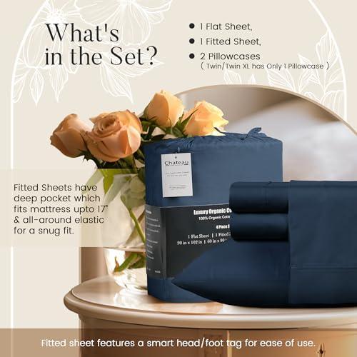 100% Organic Cotton King Size Sheets Set - 4 Pc King Sheet Set, Luxurious Sateen Weave, Cooling Sheets King, Breathable King Size Bed Sheets, GOTS Certified, Deep Pocket King Sheet Set - Dark Denim - SHOP NO2CO2