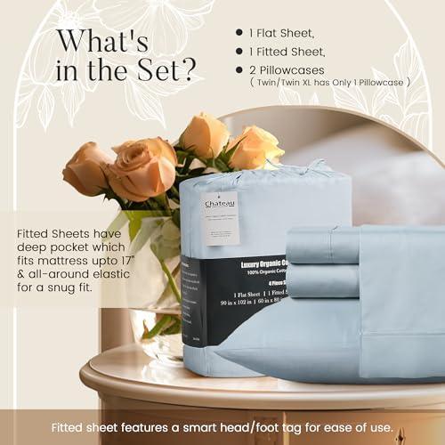 100% Organic Cotton Queen Sized Sheets, 4Pc Bed Sheets Queen Size, Cooling Sheets, Soft, Breathable Queen Size bed Sheet Set, GOTS certified Silky Sateen Sheets, Deep Pocket Queen Sheets - Light Blue - SHOP NO2CO2