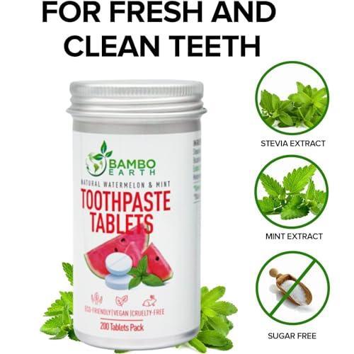 200 Pack Natural Toothpaste Tablet Bits - Chewable Mouthwash Whitening Burts Bees Bite Tablets for Teeth SLS & Fluoride Free Eco & Travel Friendly with Zero Waste Packaging - Mint & (Watermelon) - SHOP NO2CO2