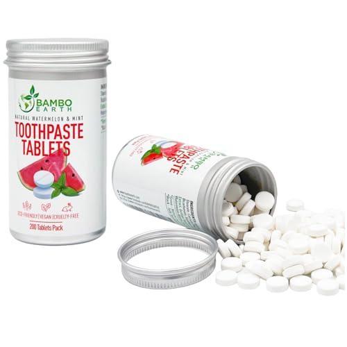 200 Pack Natural Toothpaste Tablet Bits - Chewable Mouthwash Whitening Burts Bees Bite Tablets for Teeth SLS & Fluoride Free Eco & Travel Friendly with Zero Waste Packaging - Mint & (Watermelon) - SHOP NO2CO2