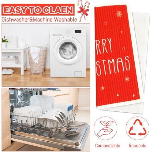 6 Pcs Merry Christmas Swedish Dishcloths Xmas Snowflakes Kitchen Dish Towels Set Winter Holiday Kitchen Dishcloths Christmas Theme Hand Towels Xmas Tree Kitchen Supplies Reusable Bathroom Decorations - SHOP NO2CO2