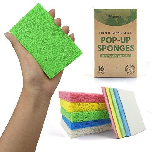 AIRNEX Biodegradable Cellulose Compressed Sponges - Pack of 16 Kitchen Sponges for Cleaning - Heavy Duty and Natural Multipurpose Household Cleaning Sponges Good for Kitchen, Bathroom, and Surfaces - SHOP NO2CO2