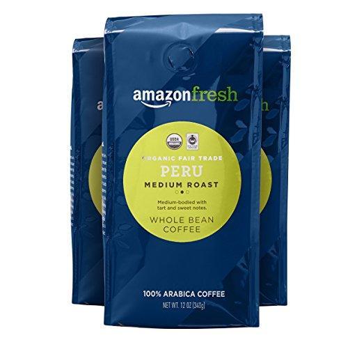 AmazonFresh Organic Fair Trade Peru Whole Bean Coffee, Medium Roast, 12 Ounce (Pack of 3) - SHOP NO2CO2