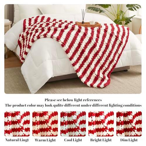 Amélie Home Chunky Knit Blanket Throw, Thick Soft Yarn Chunky Throw 50x60, Handmade Chenille Cable Knitted Crochet Throw Blanket, Warm Rope Knot Blanket for Couch Bed Sofa, Red White Stripe - SHOP NO2CO2