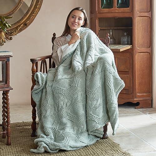 Amélie Home Reversible Sherpa Cable Knit Throw Blanket Soft Cozy Warm Winter Fleece Throw Blankets for Couch Bed Living Room, Sage Green, 50x60 - SHOP NO2CO2