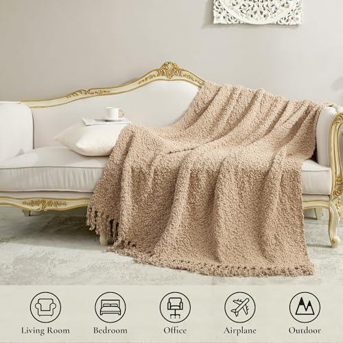 Amélie Home Textured Mulberry Throw Blanket Handmade with Tassels Chunky Soft Fluffy Knit Throw Blankets Woven Luxury Farmhouse Throws for Couch Sofa Bed (Beige, 50"x60") - SHOP NO2CO2