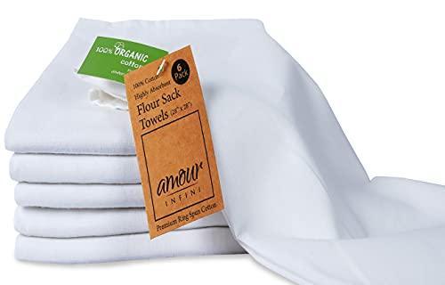 AMOUR INFINI Flour Sack Towels White | 6 Pack | 28 x 28 Inch | Multi-use Kitchen Towels, Dish Towels, Cloth Napkins |100% Ring Spun Cotton | Highly Absorbent Tea Towels for Embroidery - SHOP NO2CO2