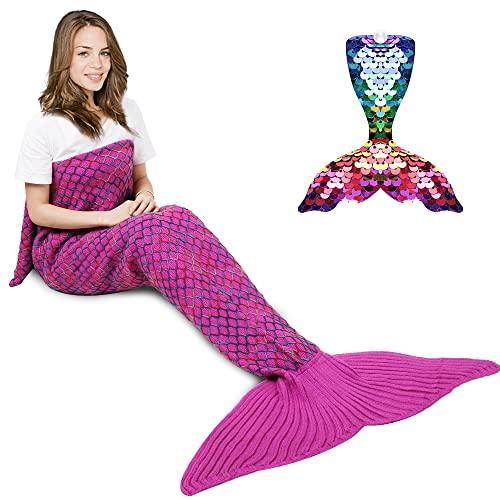 AmyHomie Mermaid Tail Blanket, Crochet Mermaid Blanket for Adults Soft All Seasons Sleeping Blankets Gift for Teen Girls Women(Rainbow,Adults) - SHOP NO2CO2