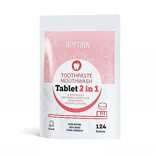 APPTRIN Toothpaste Tablets, 124 Pack Chewable Mouthwash Bite Tablets for Teeth Care, Whitening Toothpaste Tabs for Travel (Peach) - SHOP NO2CO2
