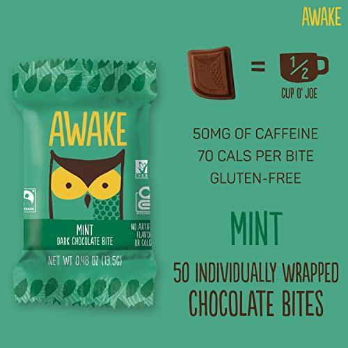 AWAKE - Caffeinated Chocolate Bites - Coffee Alternative - Low Calorie Snacks - Bite Size Energy Bars - 50mg of Caffeine in Each Bite - Non GMO - Vegan - Gluten Free - Dark Mint Chocolate - 50 Bites - SHOP NO2CO2