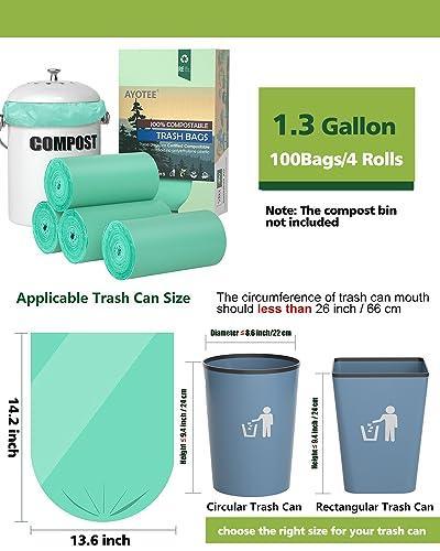 AYOTEE 100% Compostable Trash Bags, Small Compost Bags 1.3 Gallon, 5-6L Small Trash Bags Compostable Bags for Kitchen Compost Bin, Meeting ASTM D6400 Standards and Certified By OK Compost, 100 Count - SHOP NO2CO2