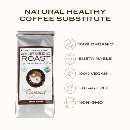 Ayurvedic Roast - Organic Coffee Substitute Caffeine Free Grain Beverage Immunity Booster Antioxidant Adaptogenic Herbal Blend Non Acidic Coffee Alternative with Barley Chicory Ashwagandha Brahmi - Caramel - SHOP NO2CO2