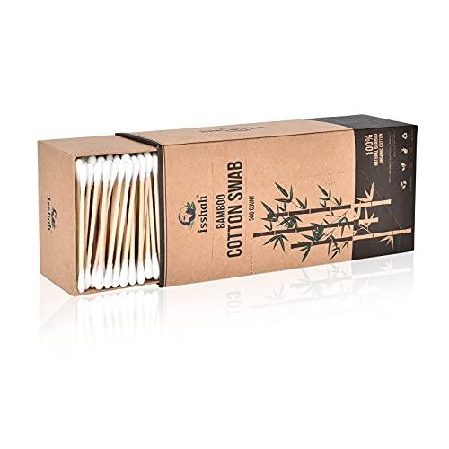 Bamboo Cotton Swabs - 500 Count - Vegan Cotton Swabs, Eco Friendly Double Tips, Plastic Free Ear Sticks, All Natural 100% Biodegradable Organic Cotton buds by Isshah - SHOP NO2CO2