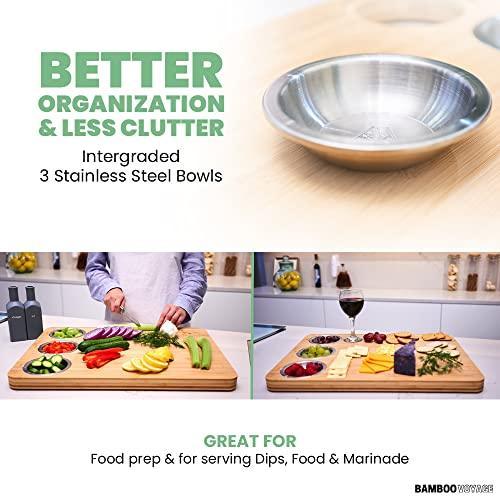 Bamboo Voyage Extra Large Sustainable Bamboo Cutting Board for kitchen with 3 built in stainless steel bowls, Large surface area (16’’ x 22’’) Ideal Gift for Housewarming, Christmas and Birthdays. - SHOP NO2CO2