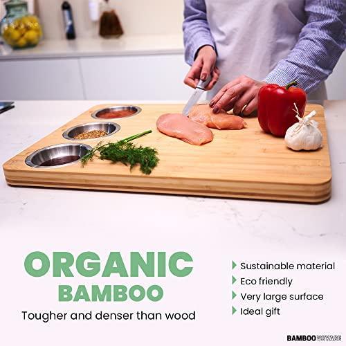 Bamboo Voyage Extra Large Sustainable Bamboo Cutting Board for kitchen with 3 built in stainless steel bowls, Large surface area (16’’ x 22’’) Ideal Gift for Housewarming, Christmas and Birthdays. - SHOP NO2CO2