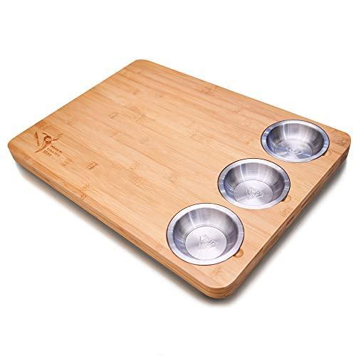 Bamboo Voyage Extra Large Sustainable Bamboo Cutting Board for kitchen with 3 built in stainless steel bowls, Large surface area (16’’ x 22’’) Ideal Gift for Housewarming, Christmas and Birthdays. - SHOP NO2CO2