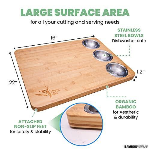 Bamboo Voyage Extra Large Sustainable Bamboo Cutting Board for kitchen with 3 built in stainless steel bowls, Large surface area (16’’ x 22’’) Ideal Gift for Housewarming, Christmas and Birthdays. - SHOP NO2CO2