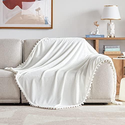 BEAUTEX Fleece Throw Blanket with Pompom Fringe, White Flannel Blankets and Throws for Couch, Super Soft Cozy Lightweight Plush Throw Blanket (50" x 60") - SHOP NO2CO2