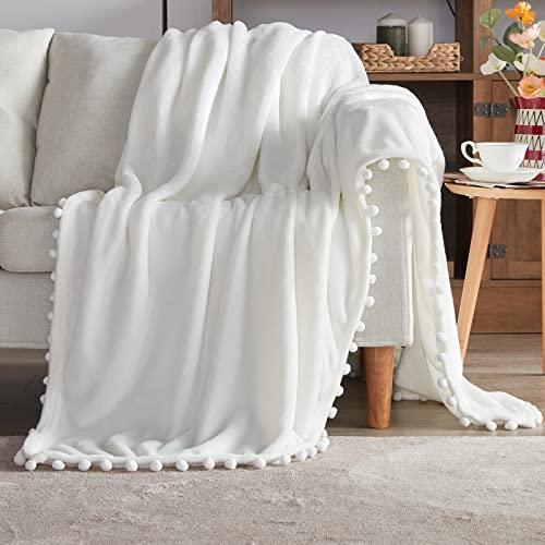 BEAUTEX Fleece Throw Blanket with Pompom Fringe, White Flannel Blankets and Throws for Couch, Super Soft Cozy Lightweight Plush Throw Blanket (50" x 60") - SHOP NO2CO2