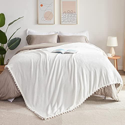 BEAUTEX Fleece Throw Blanket with Pompom Fringe, White Flannel Blankets and Throws for Couch, Super Soft Cozy Lightweight Plush Throw Blanket (50" x 60") - SHOP NO2CO2