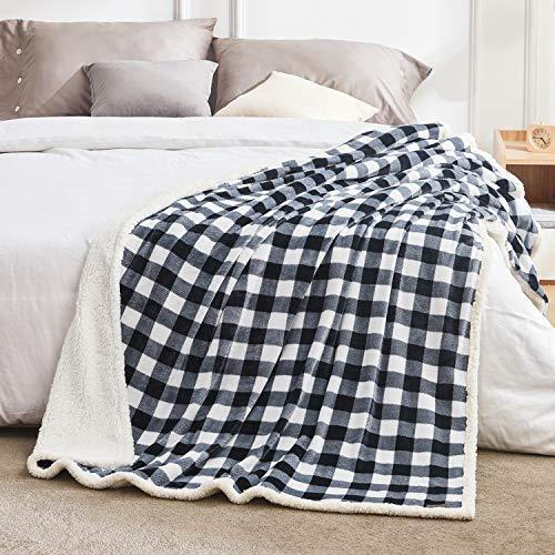 BEAUTEX Sherpa Fleece Flannel Throw Blanket, Super Soft Warm Buffalo Plaid Plush Blankets and Throws, Lightweight Cozy Fuzzy Blanket for Couch Sofa Bed (Black, Throw 50" x 60") - SHOP NO2CO2