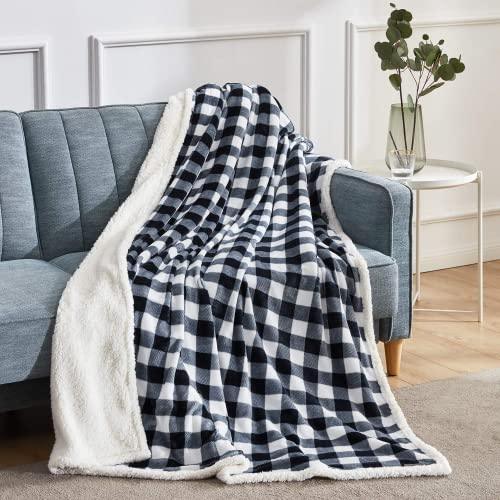 BEAUTEX Sherpa Fleece Flannel Throw Blanket, Super Soft Warm Buffalo Plaid Plush Blankets and Throws, Lightweight Cozy Fuzzy Blanket for Couch Sofa Bed (Black, Throw 50" x 60") - SHOP NO2CO2