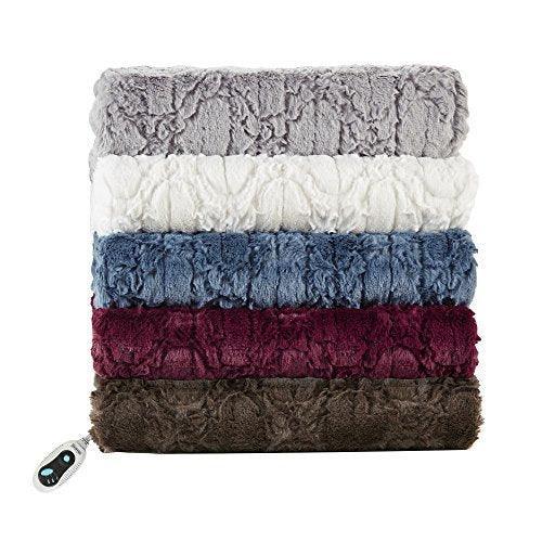 Beautyrest Brushed Long Fur Electric Throw Blanket Ogee Pattern Warm and Soft Heated Wrap with Auto Shutoff, 50 in x 60 in, Ivory - SHOP NO2CO2