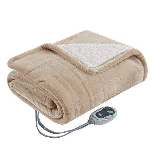 Beautyrest Reversible Sherpa to Fleece Electric Wrap Poncho Blanket Shawl Wearable, Auto Shut Off, Virtually Zero EMF, Multi Heat Setting, UL Certified, Machine Washable, Tan 50" x 64" - SHOP NO2CO2