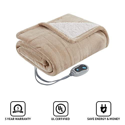 Beautyrest Reversible Sherpa to Fleece Electric Wrap Poncho Blanket Shawl Wearable, Auto Shut Off, Virtually Zero EMF, Multi Heat Setting, UL Certified, Machine Washable, Tan 50" x 64" - SHOP NO2CO2