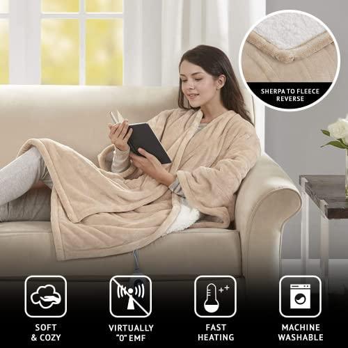 Beautyrest Reversible Sherpa to Fleece Electric Wrap Poncho Blanket Shawl Wearable, Auto Shut Off, Virtually Zero EMF, Multi Heat Setting, UL Certified, Machine Washable, Tan 50" x 64" - SHOP NO2CO2