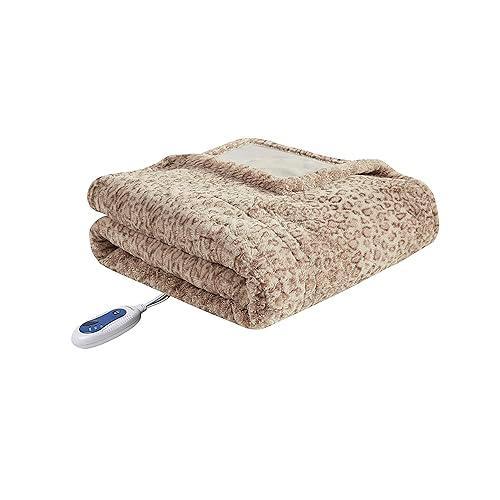 Beautyrest Zuri Reversible Faux Fur to Mink Electric Blanket, Auto Shut Off, Virtually Zero EMF, Multi Heat Setting, UL Certified, Machine Washable, Leopard Throw 50x70 - SHOP NO2CO2