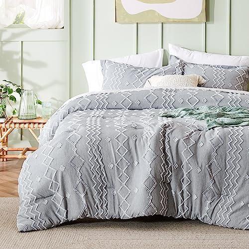 Bedsure Boho Tufted Comforter Set King - Dark Grey Cationic Dyeing Bedding Comforter Set, 3 Pieces Farmhouse Shabby Chic Embroidery Bed Set, Geometric Pattern Comforter for All Seasons - SHOP NO2CO2