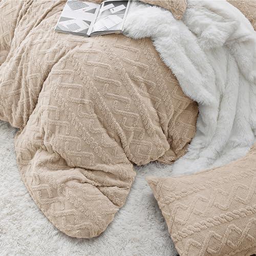 Bedsure Fluffy Comforter Cover Set - Faux Fur Duvet Cover Queen Size, Deep Beige Plush Quilt Cover, 3 Pieces,1 Duvet Cover (90"x90") with Zipper Closure & 2 Pillow Shams, Comforter Not Included - SHOP NO2CO2