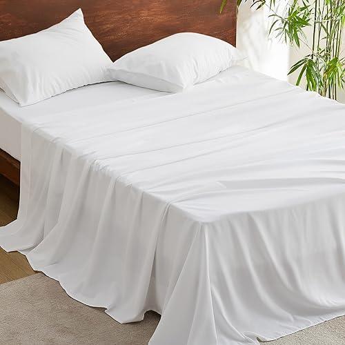 Bedsure King Sheets - Polyester & Rayon Derived from Bamboo Cooling Bed Sheets, Deep Pockets Fits up to 16", Breathable, Wrinkle Free and Soft King Sheet & Pillowcase Sets - White - SHOP NO2CO2