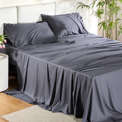 Bedsure Queen Sheets, Rayon Derived from Bamboo, Queen Cooling Sheet Set, Deep Pocket Up to 16", Breathable & Soft Bed Sheets, Hotel Luxury Silky Bedding Sheets & Pillowcases, Dark Grey - SHOP NO2CO2