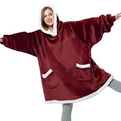 Bedsure Wearable Blanket Hoodie with Sleeves - Sherpa Hooded Blanket Adult as Warm Gifts for Girlfriend Women Mom, Winter Sweatshirt Blanket with Giant Pocket (Small, Burgundy) - SHOP NO2CO2