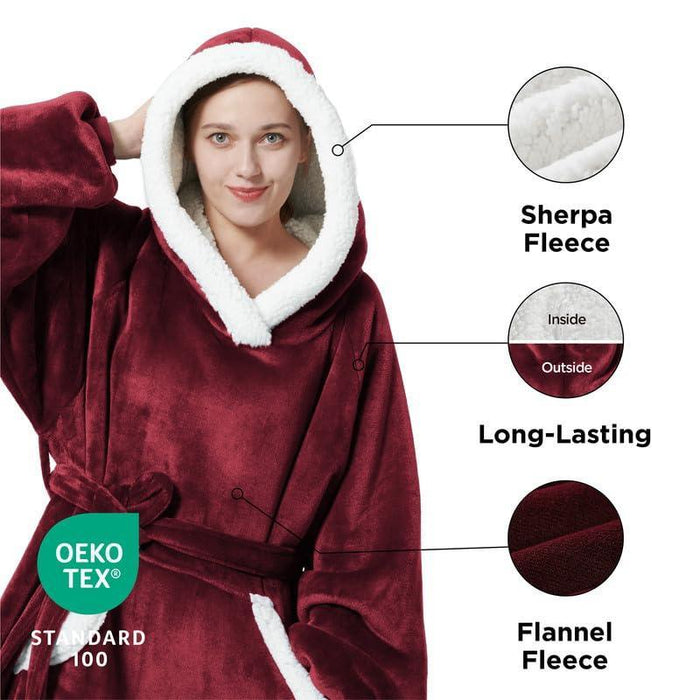 Bedsure Wearable Blanket Hoodie Women - Long Sherpa Fleece Hooded Blanket for Teens Adult, Warm Cozy Blanket Sweatshirt with Giant Pocket and Belt, Winter Gifts for Girls, Small, Burgundy - SHOP NO2CO2