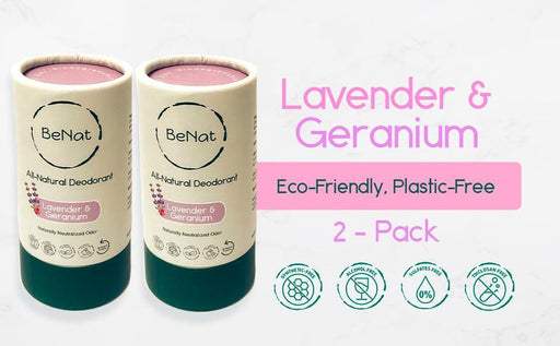 BeNat. 2-Pack. All Natural Deodorant Plastic Free For Women & Men Lavender & Geranium Aluminum Free, Gluten Free & Cruelty Free 24 Hour Long Lasting Protection Zero Waste Eco Friendly Products 3oz - SHOP NO2CO2