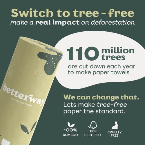 Betterway Bamboo Paper Towels - 6 Rolls, 2 Ply - Plastic Free, Disposable Kitchen Paper Towels - Select Size, Tree Free, Compostable, Strong & Absorbent, No Dyes - SHOP NO2CO2