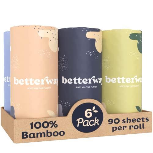 Betterway Bamboo Paper Towels - 6 Rolls, 2 Ply - Plastic Free, Disposable Kitchen Paper Towels - Select Size, Tree Free, Compostable, Strong & Absorbent, No Dyes - SHOP NO2CO2