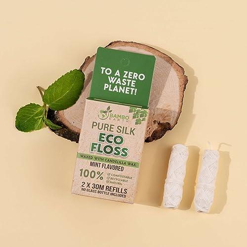 Biodegradable Mint Dental Tooth Lace Floss - 2X Refillable Flossers - 100% Organic Natural and Compostable Teeth Silk Spool - Waxed with Candelilla Wax & Eco-Friendly Zero Waste Packaging - SHOP NO2CO2